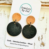 Hudson Black Cork & Wood Circle Earrings – Nickel-Free Hypoallergenic Studs