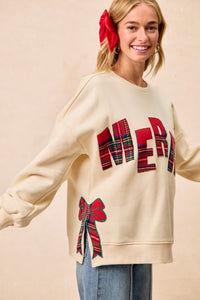 The Holly Jolly Plaid “Merry” Sweatshirt – Cream