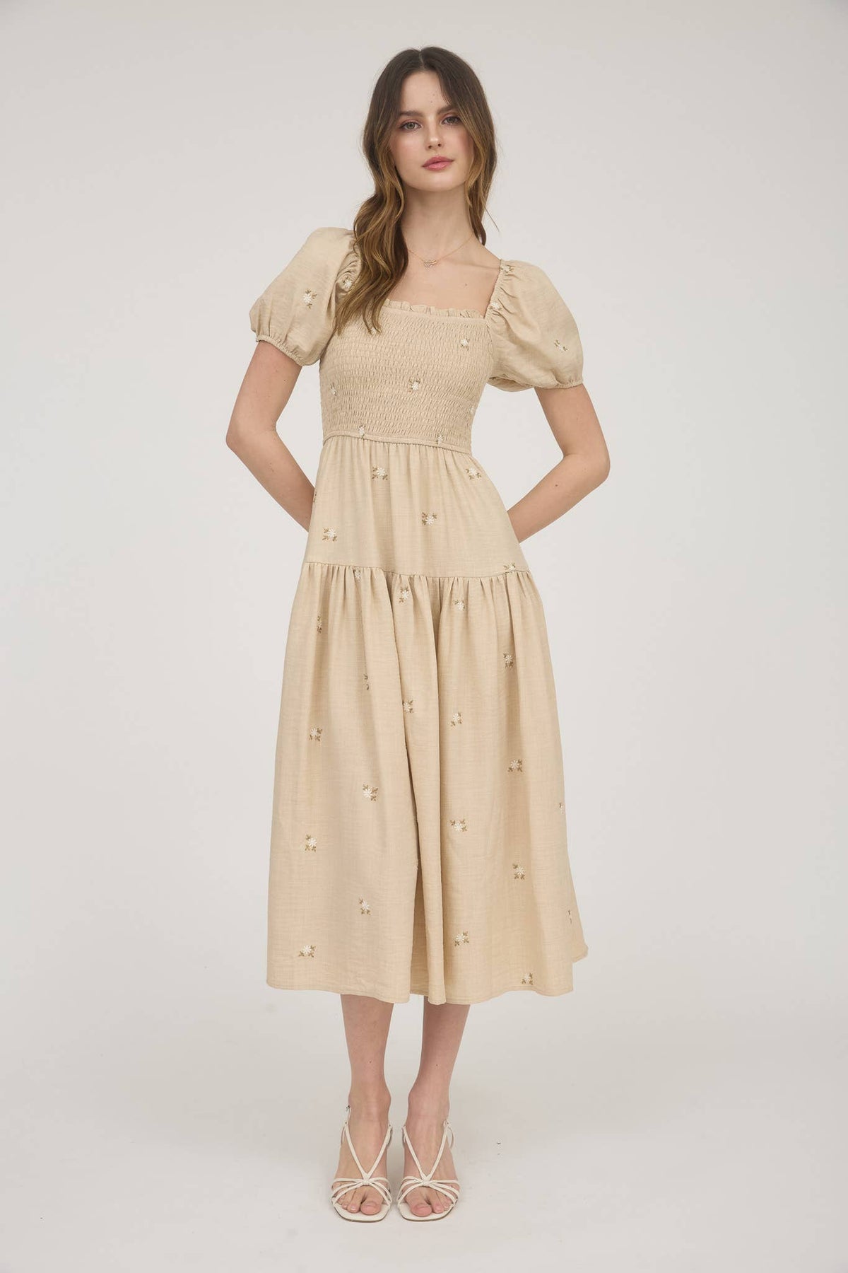 The Elsie Embroidered Smocked Midi Dress – Square Neck Puff Sleeve Cream Floral Dress