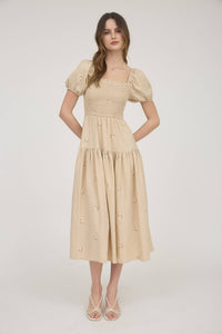 The Elsie Embroidered Smocked Midi Dress – Square Neck Puff Sleeve Cream Floral Dress