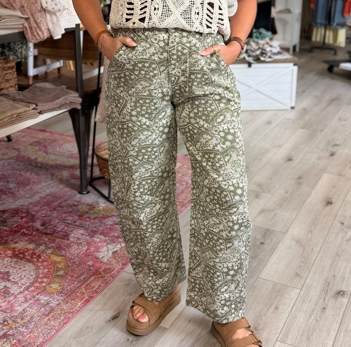 SUNFADED MARKET DAY  PAISLEY BARREL PANTS: ANTIQUE OLIVE