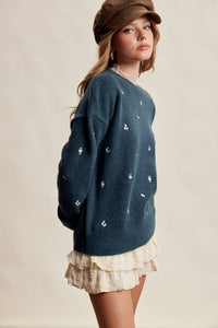 Tiny Details Embroidered Sweater: Emerald
