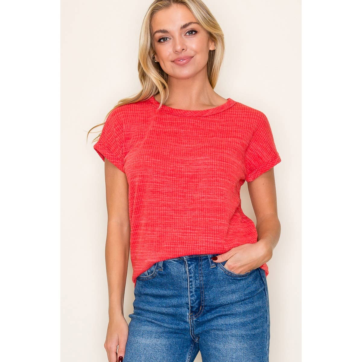 Sadie Red Crew Neck Textured Knit Top | Casual Short Sleeve Tee