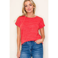 Sadie Red Crew Neck Textured Knit Top | Casual Short Sleeve Tee