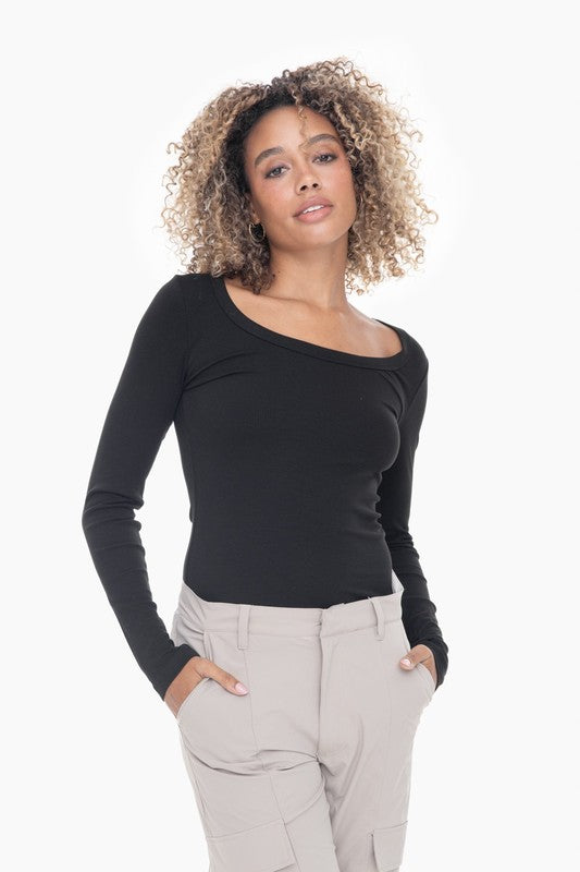 Mono B Basic Slim Fit Scoop Neck Long Sleeve Top