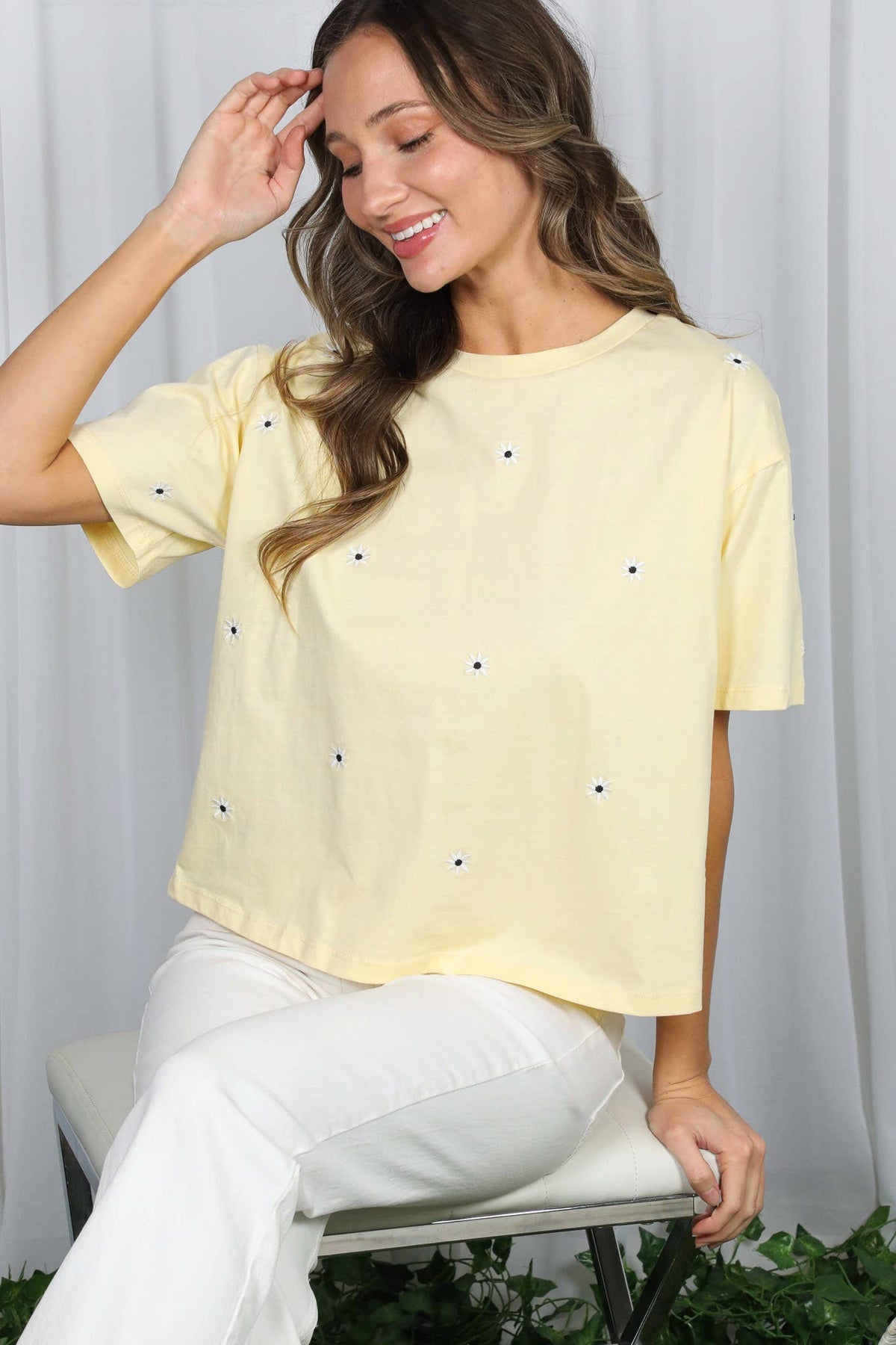The Daisy Floral Embroidered Cotton Tee: Yellow – Crew Neck Drop Shoulder Casual Top