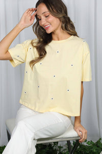 The Daisy Floral Embroidered Cotton Tee: Yellow – Crew Neck Drop Shoulder Casual Top