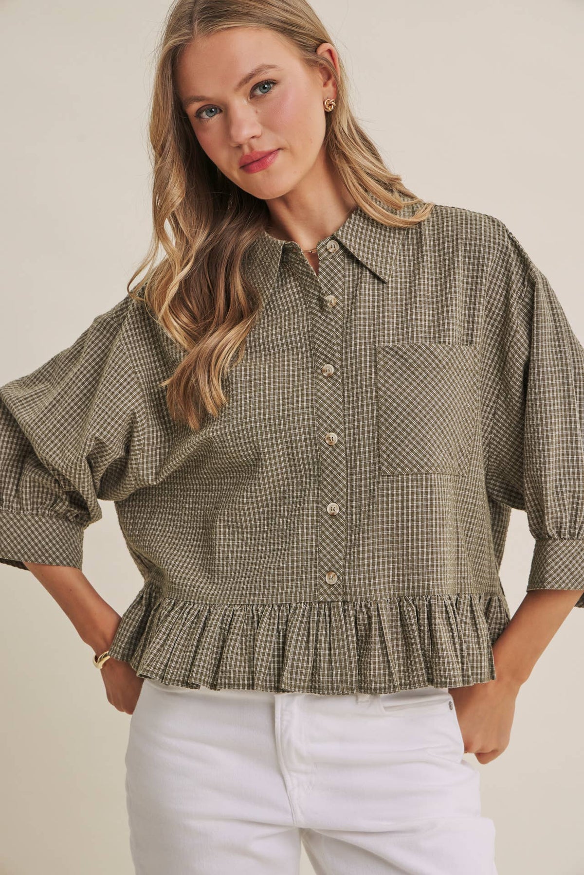 MORNING OAT MICRO CHECK RUFFLE HEM BUTTON-DOWN SHIRT: VANILLA / S