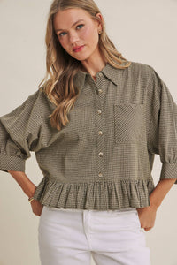 MORNING OAT MICRO CHECK RUFFLE HEM BUTTON-DOWN SHIRT: VANILLA / S