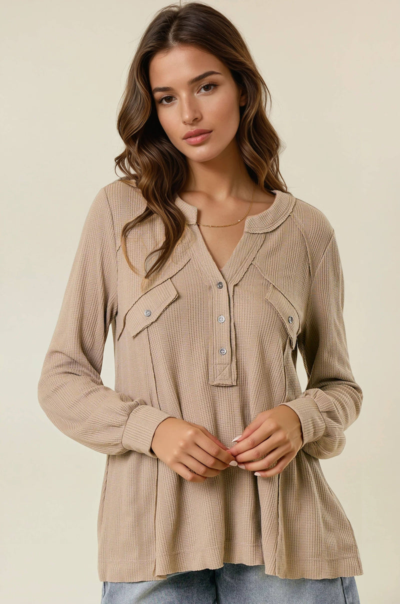 Callista Stripe Waffle Oversized Henley Top: Mushroom – Women’s Split V-Neck Long Sleeve Casual Shirt