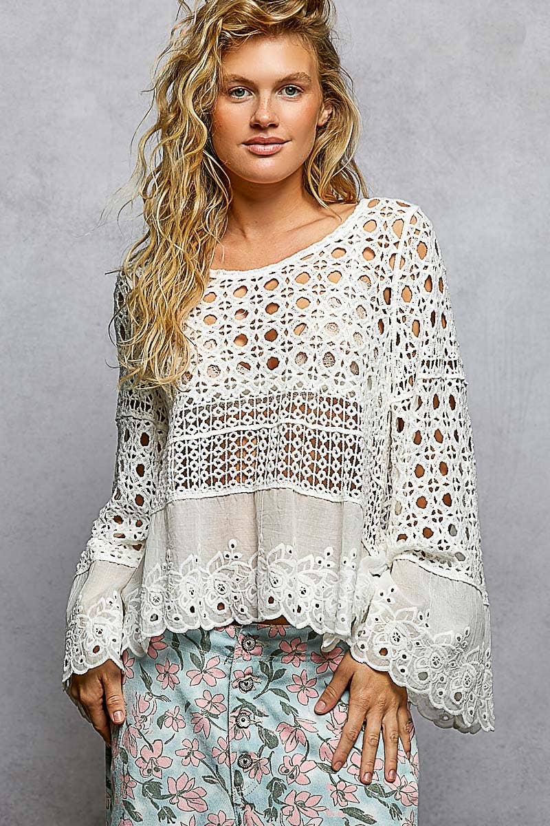 Long Sleeve Round Neck Women Crochet Top: NATURAL / OS