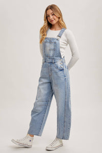 Juniper Barrel Leg Denim Overalls – Vintage Medium Wash Barrel-Leg Overalls with Adjustable Straps