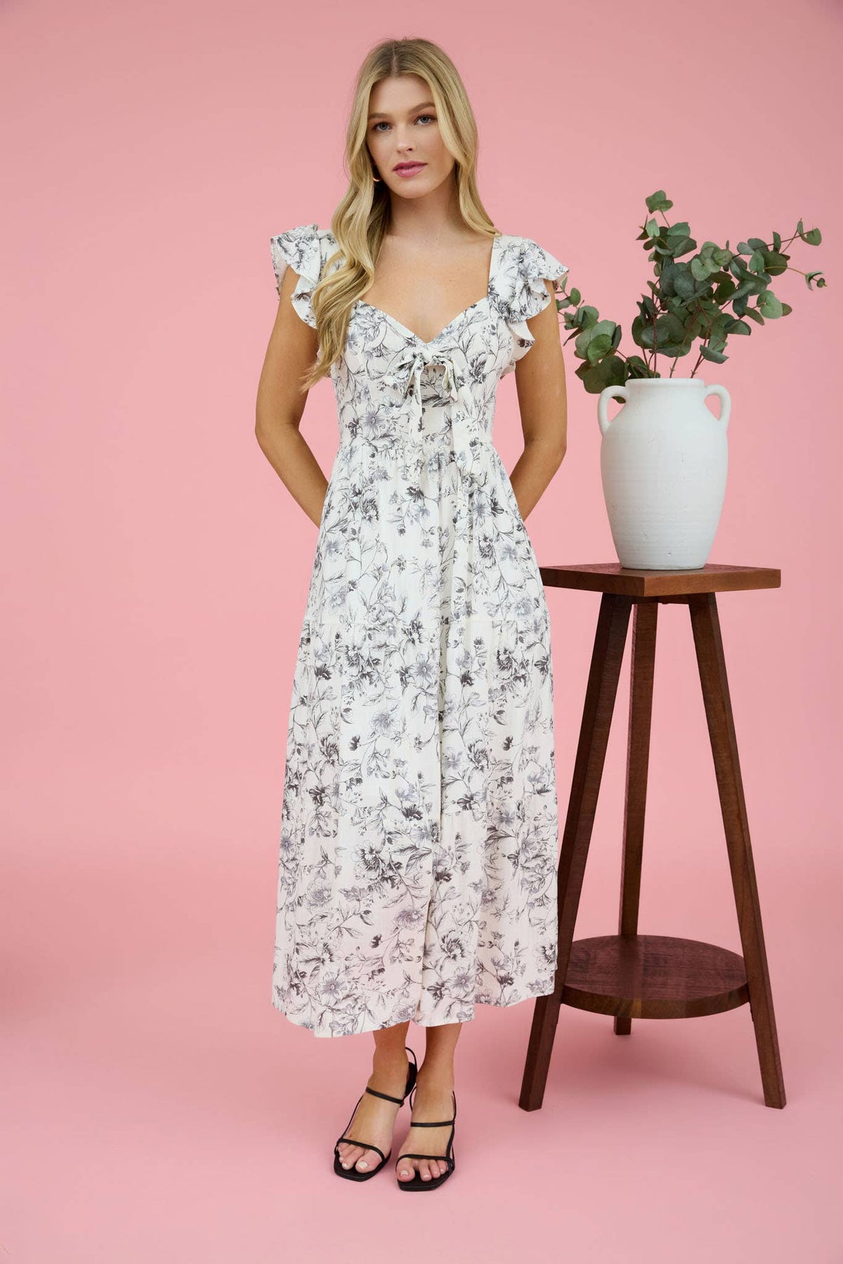 Magnolia Sweetheart Neck Ruffle Sleeve Floral Midi Dress – Romantic Summer A-Line Dress