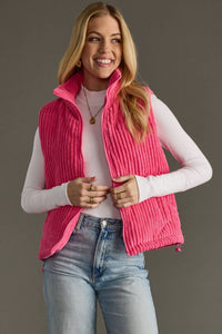 The Brynn Corduroy Puffer Vest – Hot Pink Quilted Layer with Pockets