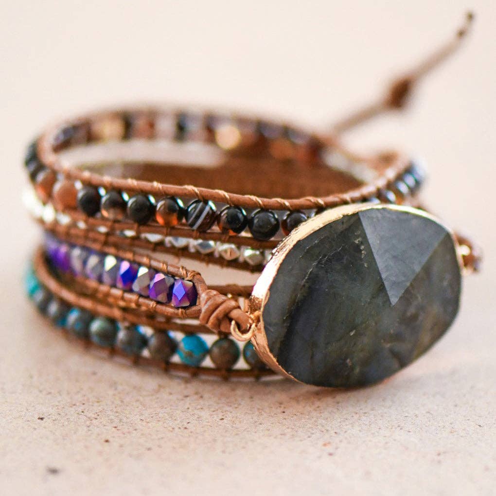 Leather Cord Wrap Bracelet, Healing Stone Bracelet