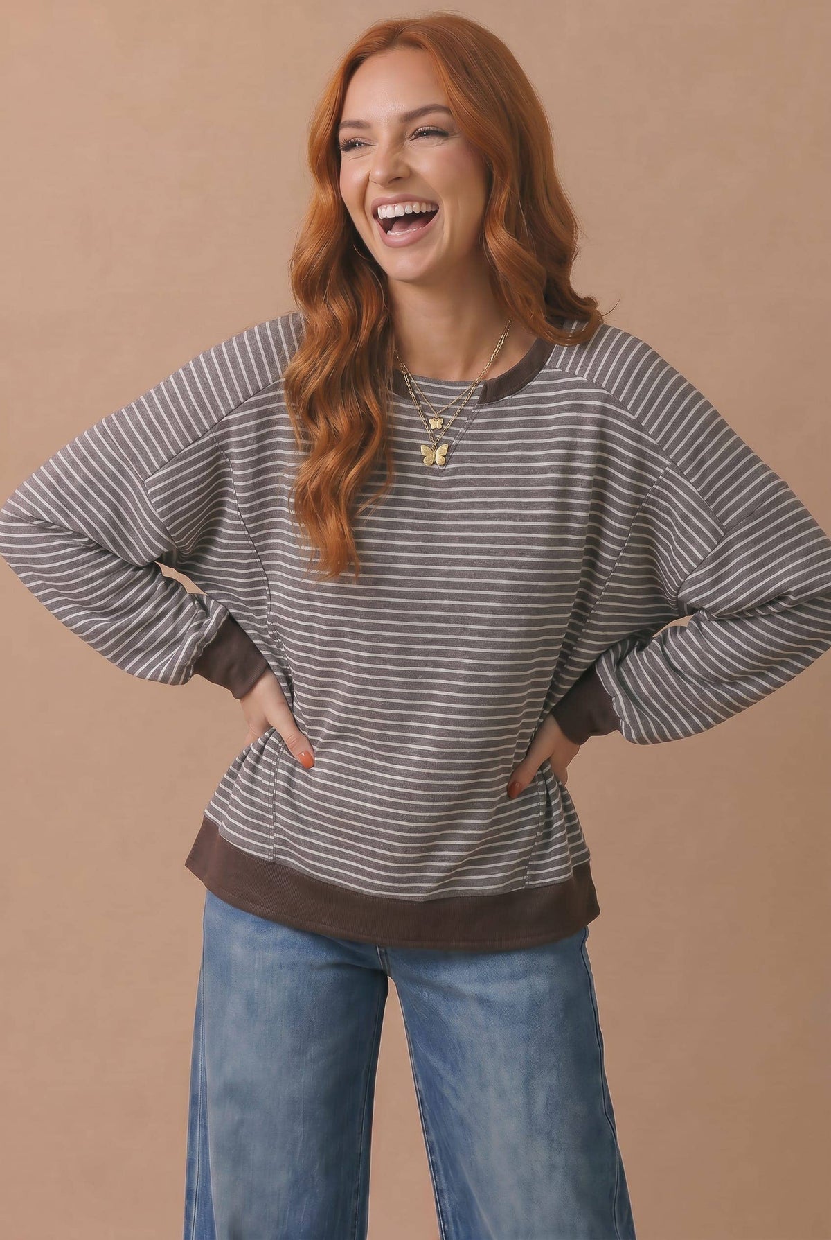 The Plot Twist Stripe Pullover: Brown/ Grey Stripe