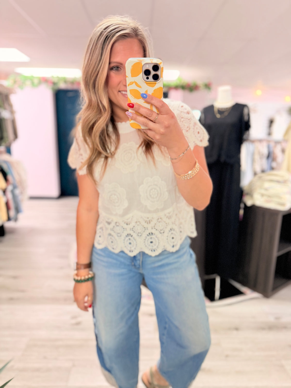 The Everly Embroidered Crochet Lace Blouse: Beige