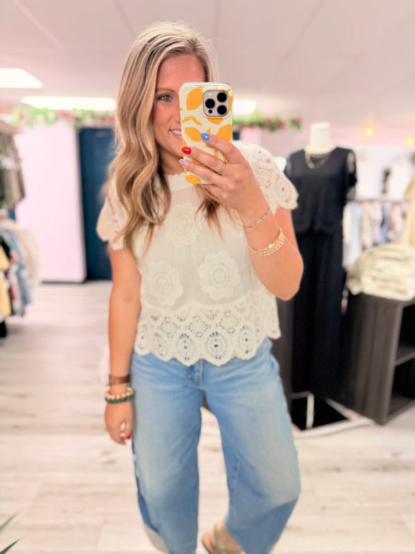 The Everly Embroidered Crochet Lace Blouse: Beige