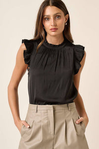 Jasmine Satin Ruffle Sleeveless Blouse: Black