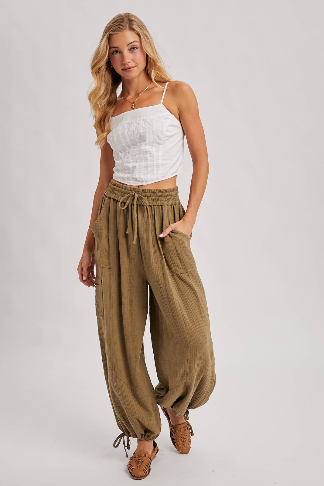 JOGGER HAREM DRAWSTRING PANTS: LATTE / S