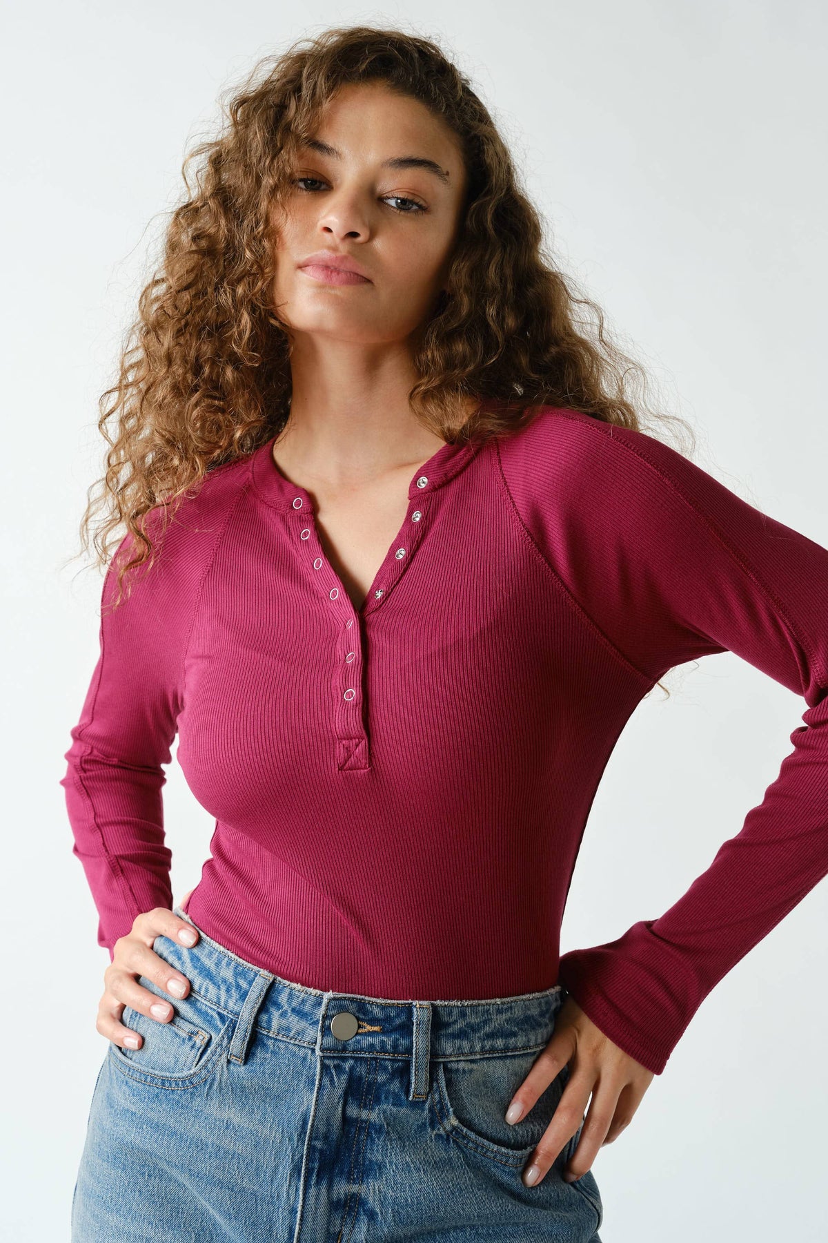 Essential Long-Sleeved Micro-Ribbed Henley Top: