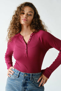 Essential Long-Sleeved Micro-Ribbed Henley Top: