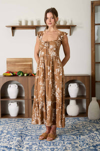 The Rosalie Floral Sweetheart Midi Dress: Brown
