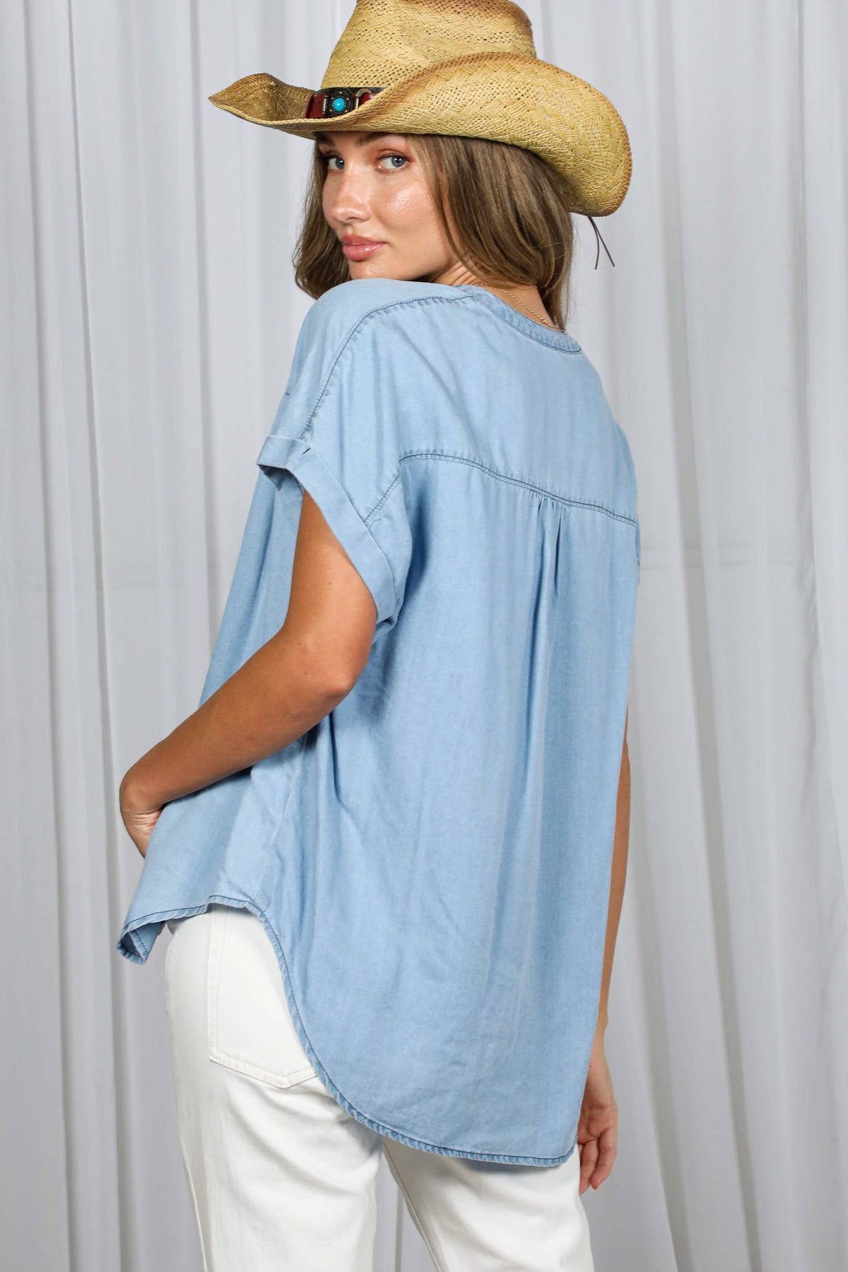 Dakota Tencel Chambray Button Top: Light Wash