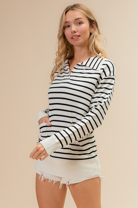 Going Coastal Collared Striped Long Sleeve Top: Ivory/ Black