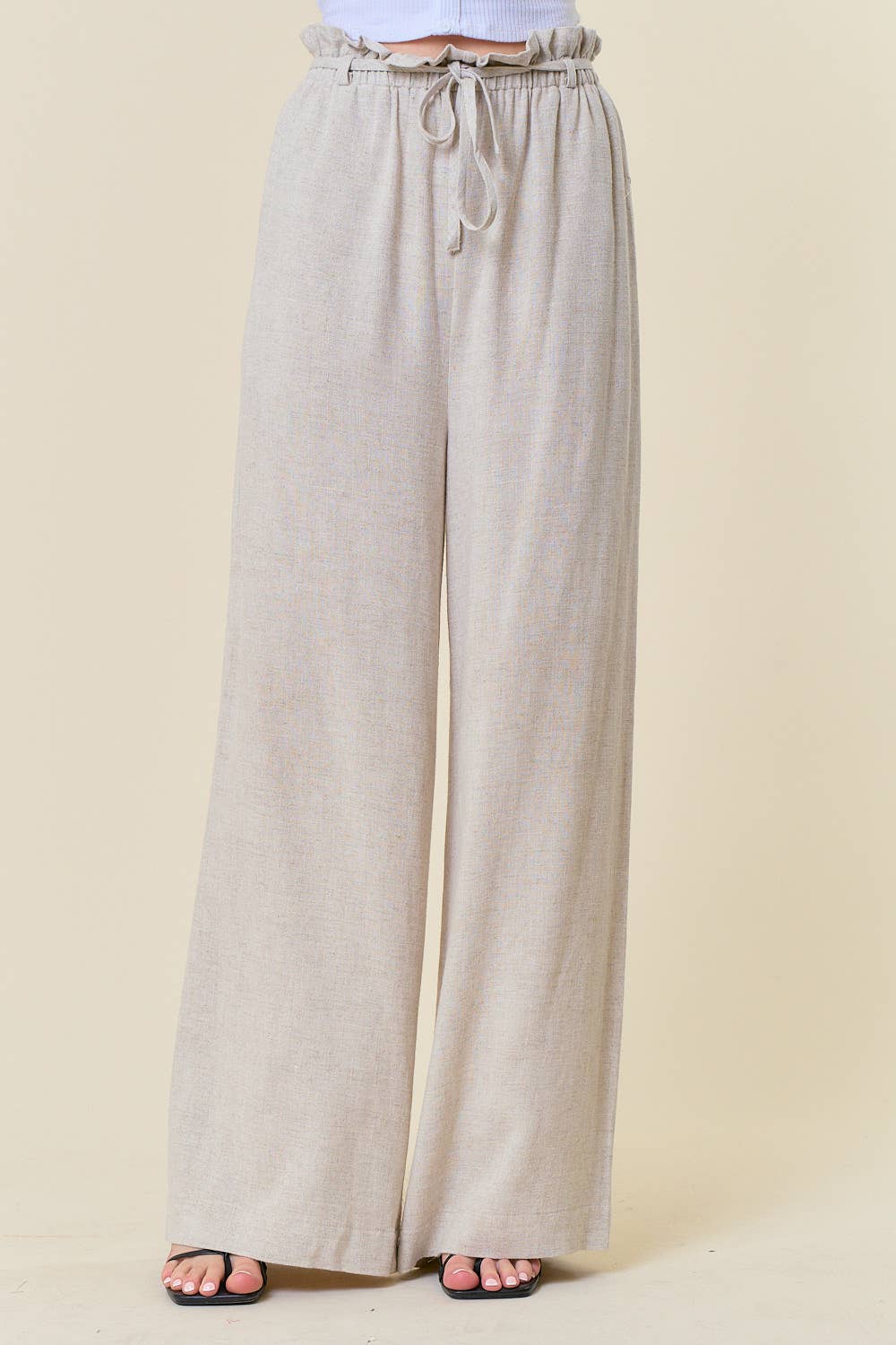 Joan Linen Paper Bag Wide Leg Pants: Natural