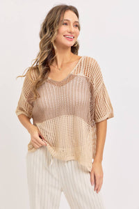 Jade Slouchy Open-Knit V-Neck Top