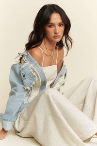 The Clara Lace Patch Denim Jacket – Light Wash Button-Up with Boho Details