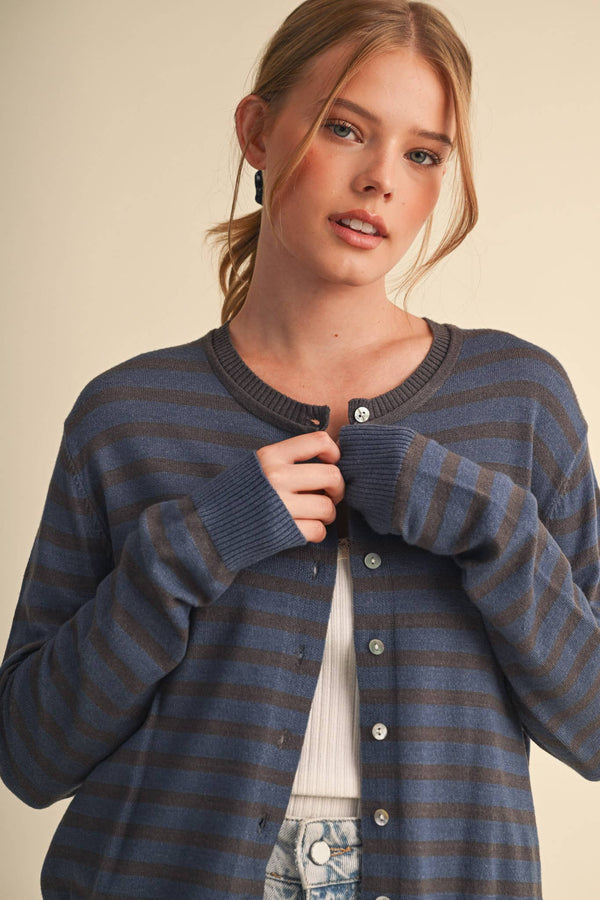 Just Between Us Stripe Cardigan: Denim/Charcoal