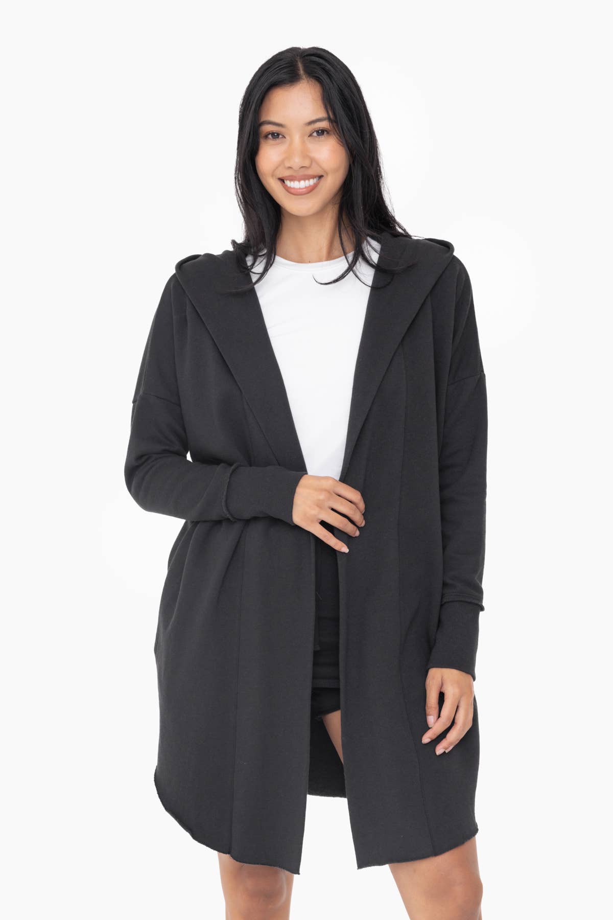 Stephanie Open Front Longline Hoodie Cardigan: BLACK