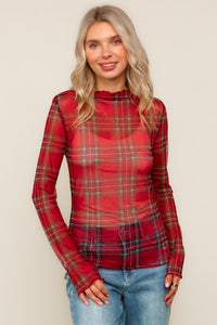 Festive Flannel Vibes Mesh Top – Red Plaid Sheer Long Sleeve Holiday Layer