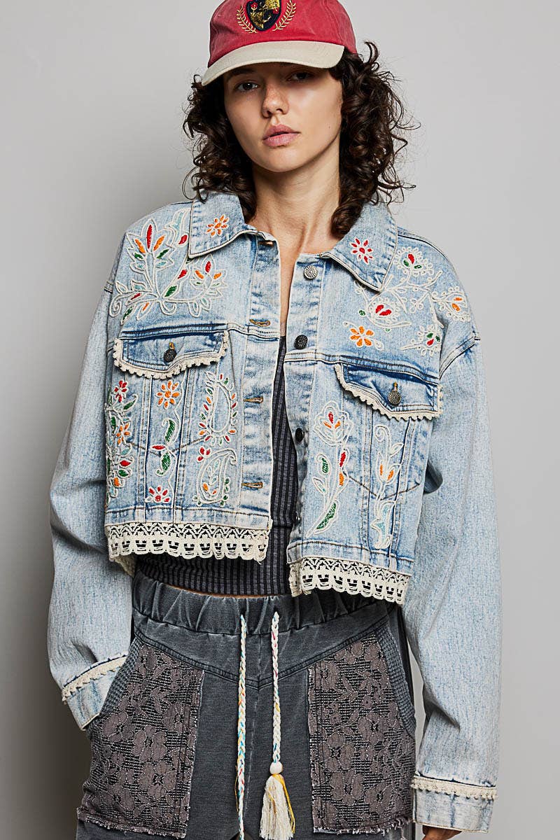 Magnolia Mae Embroidery Lace Trim Denim Jacket