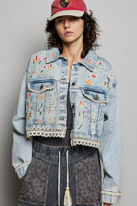 Magnolia Mae Embroidery Lace Trim Denim Jacket