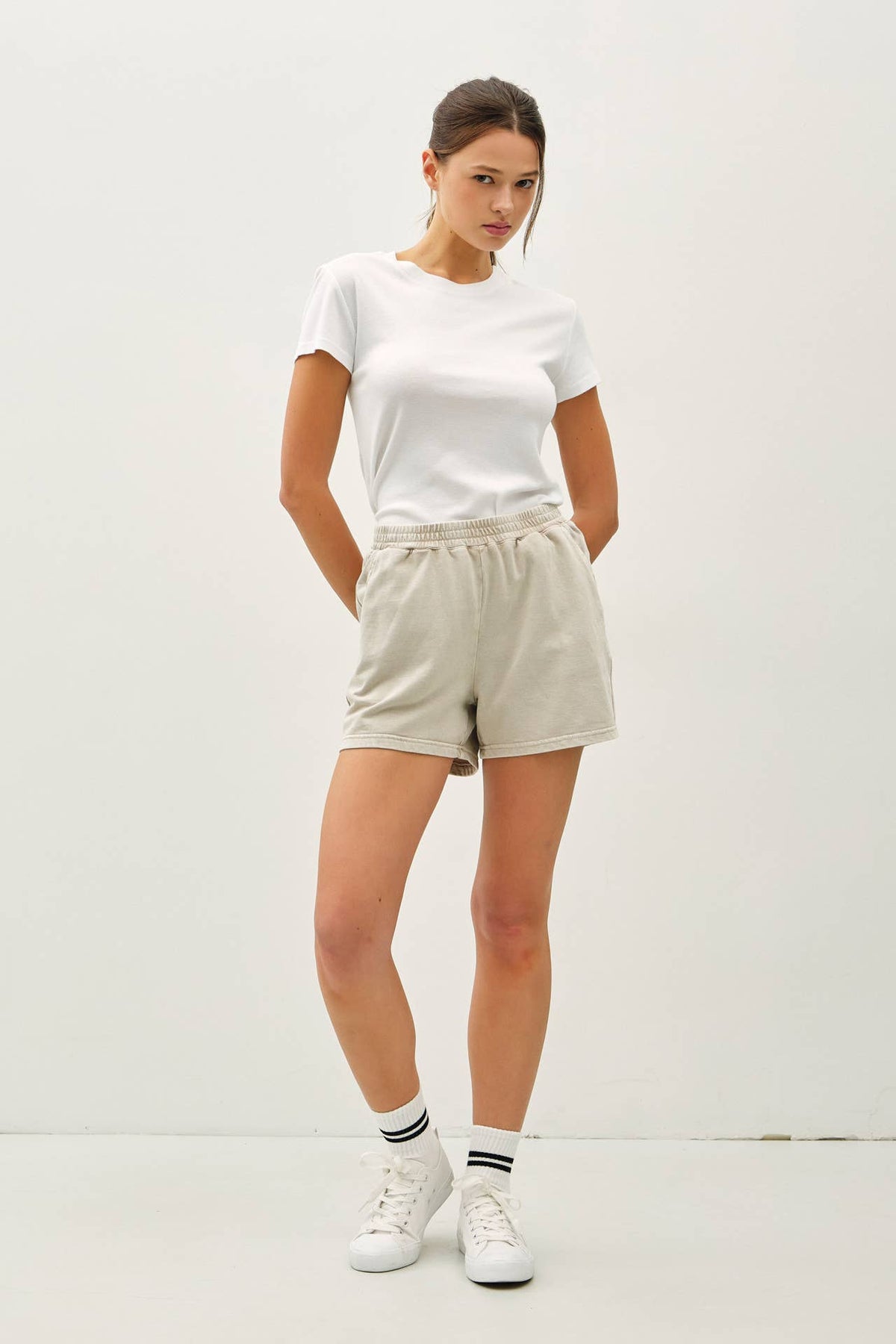 The Piper Pull On Shorts: Stone  – Soft High Rise Elastic Waist Everyday Shorts