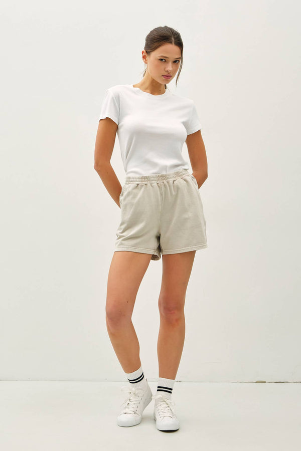 The Piper Pull On Shorts: Stone  – Soft High Rise Elastic Waist Everyday Shorts