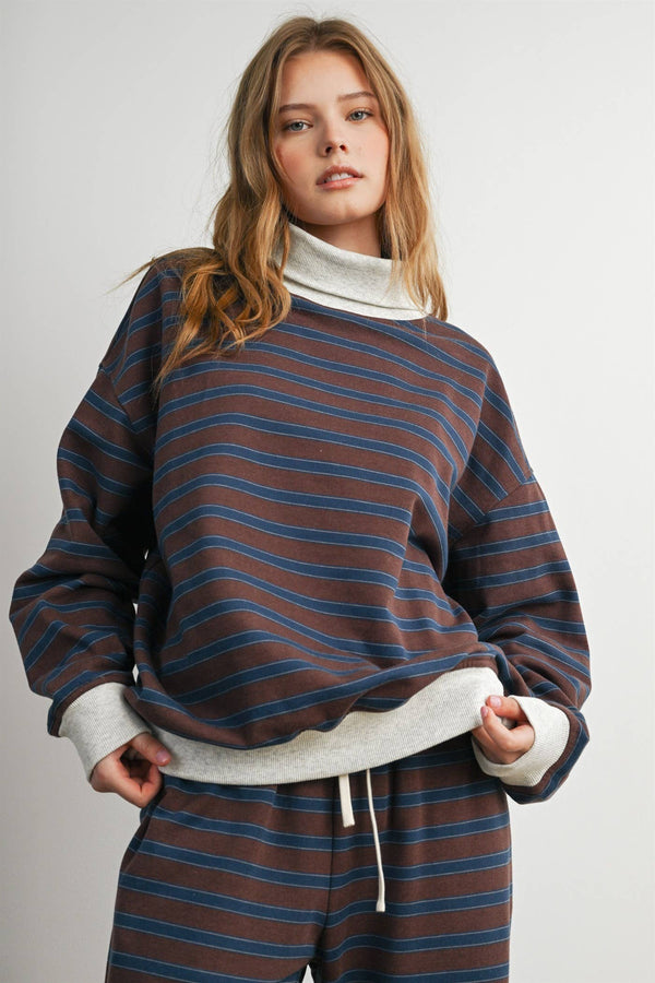 Sunday Slowdown Striped Sweatshirt: Navy/ Brown