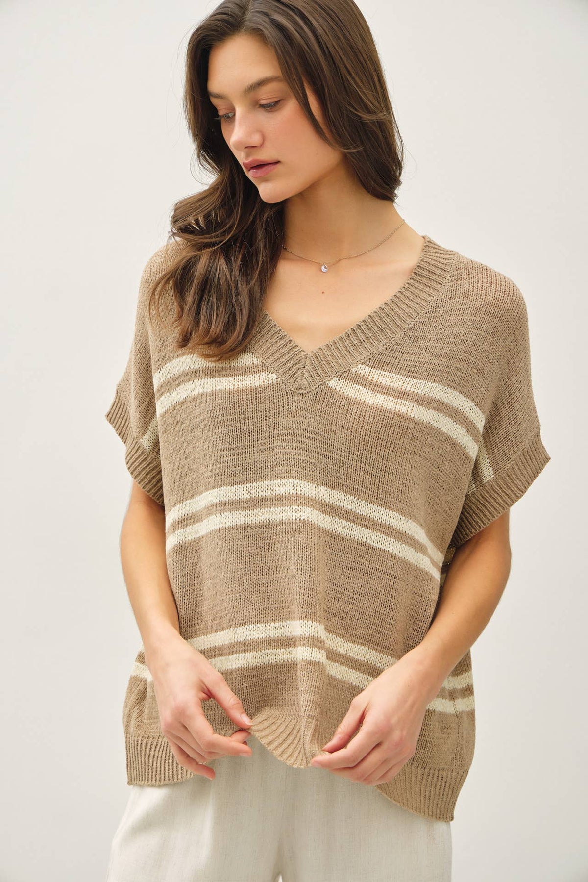 The Elodie Striped V-Neck Sweater: Taupe  – Oversized Lightweight Cap Sleeve Knit Top