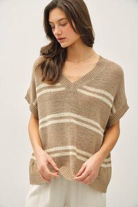 The Elodie Striped V-Neck Sweater: Taupe  – Oversized Lightweight Cap Sleeve Knit Top