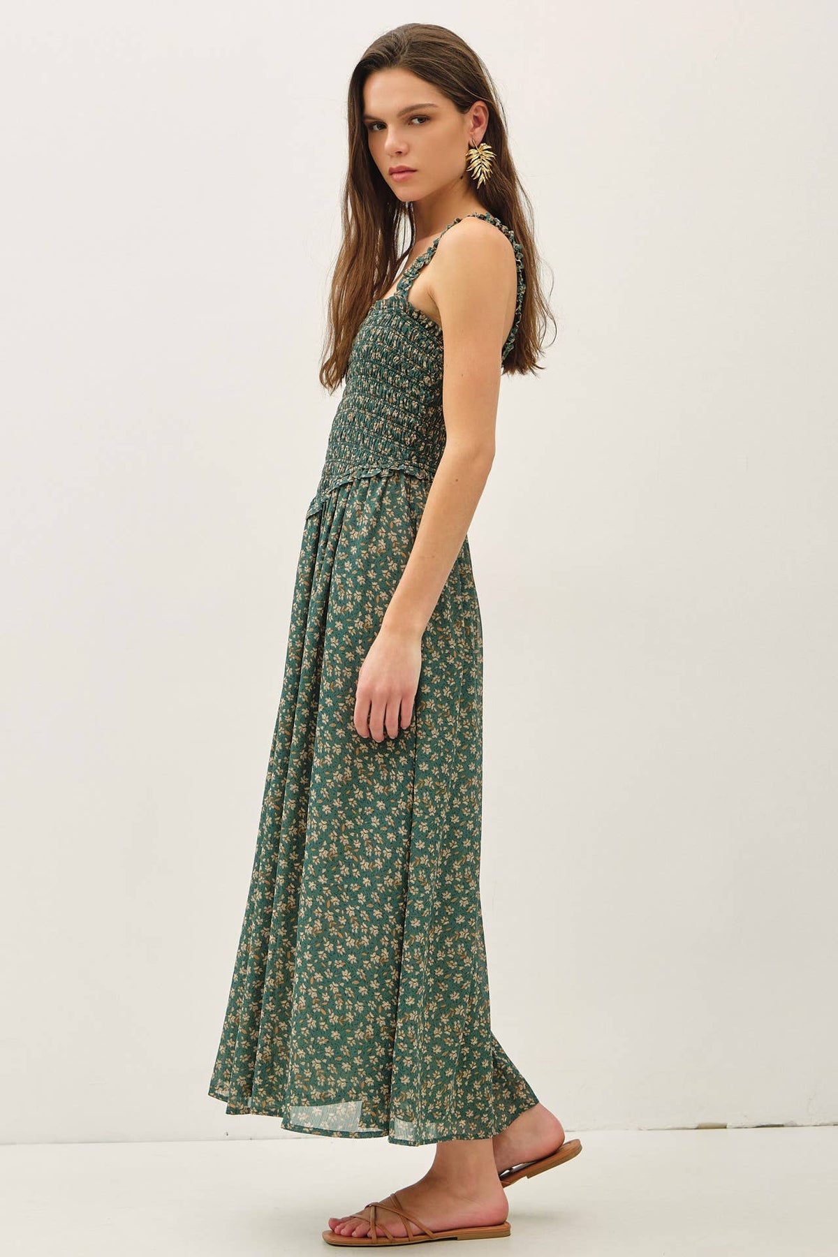 The Everly Floral Midi Dress: Agave Green – Smocked Bodice Ruffle Strap Fit & Flare Dress