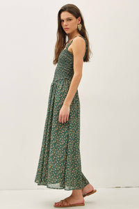 The Everly Floral Midi Dress: Agave Green – Smocked Bodice Ruffle Strap Fit & Flare Dress