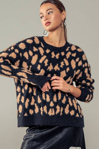 Cora Fuzzy Animal Print Crew Sweater: Black