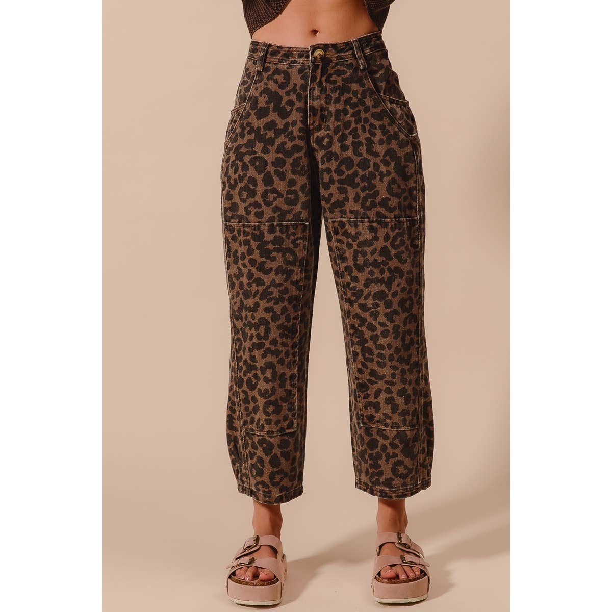 The Wild Side Leopard Barrel Jeans: Mocha