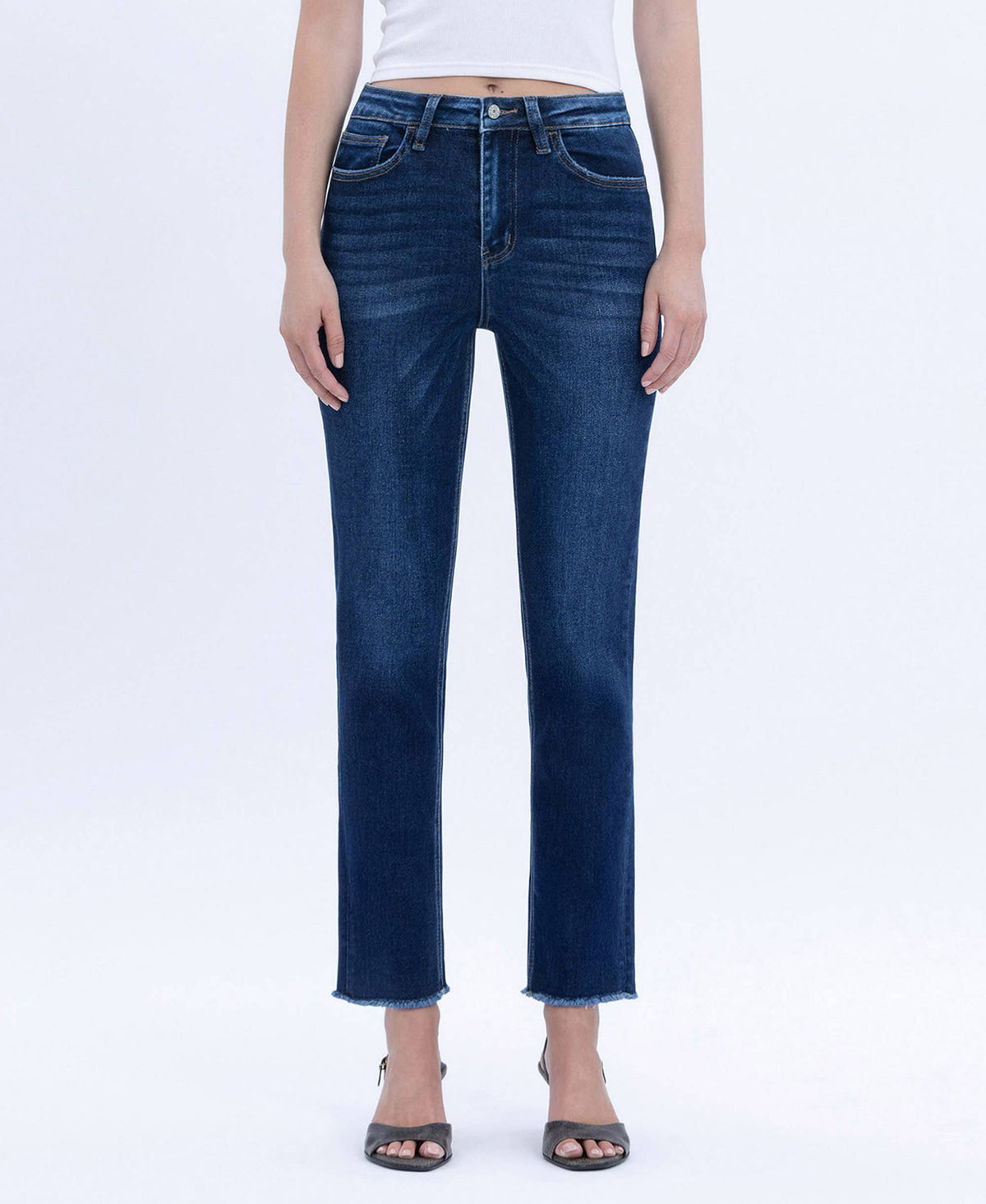 Vervet by Flying Monkey "Elara" Super High Rise Slim Straight Jeans – Raw Hem Cropped Denim