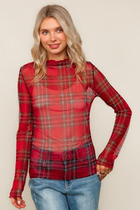 Festive Flannel Vibes Mesh Top – Red Plaid Sheer Long Sleeve Holiday Layer