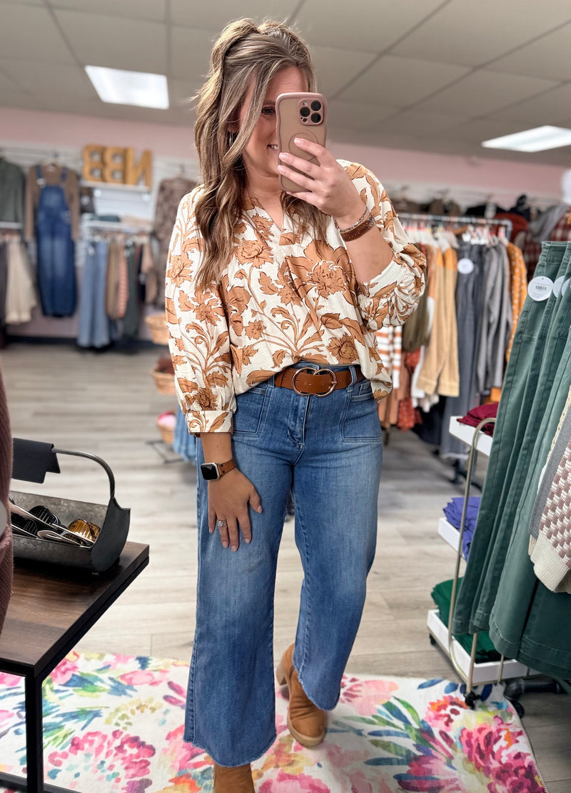 The Maren Split Neck Floral Blouse – Autumn Spice Print Top