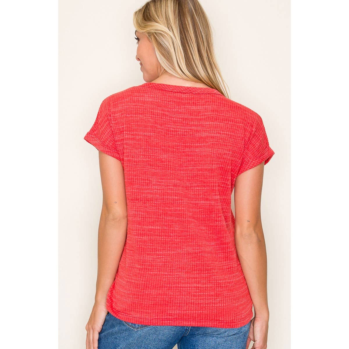 Sadie Red Crew Neck Textured Knit Top | Casual Short Sleeve Tee